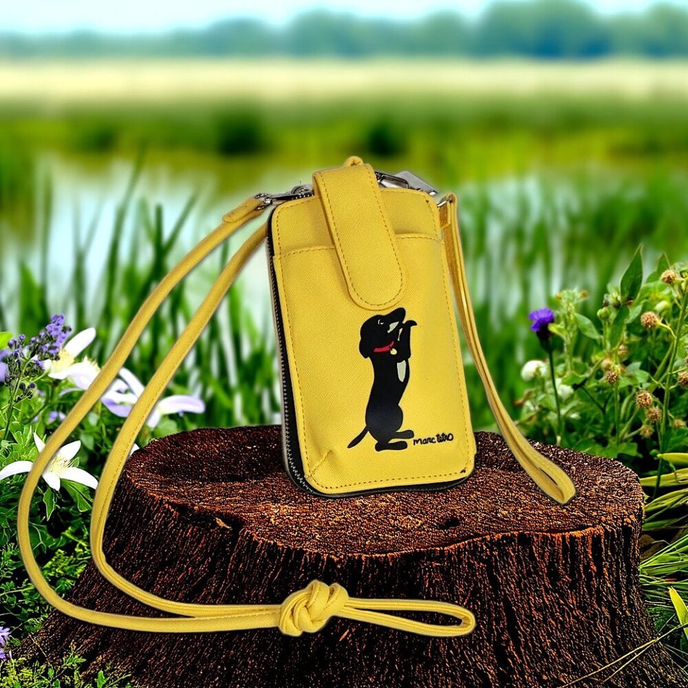 Marc Tetro Dachshund Yellow Wristlet Cross Body Phone Wallet Mini Bag